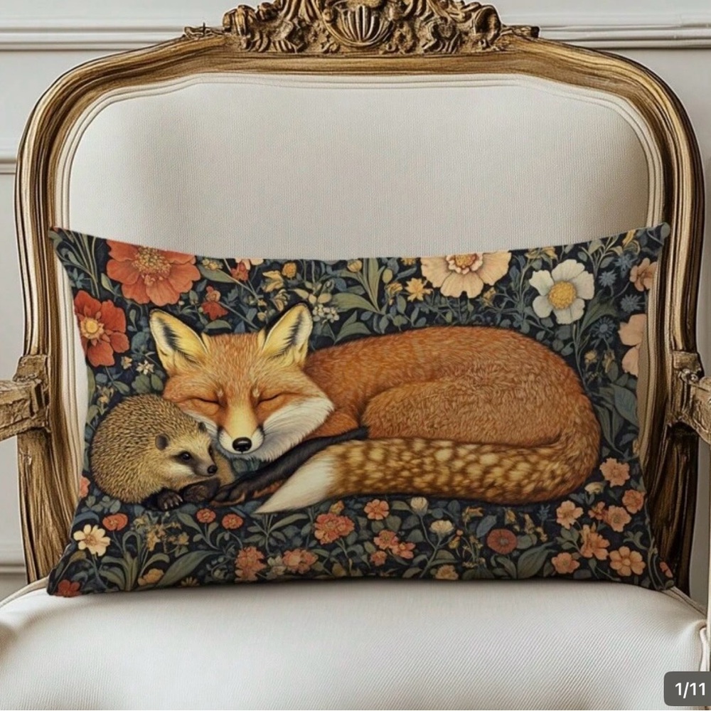 Floral Fox and Hedgehog Decorative Pillow Cover